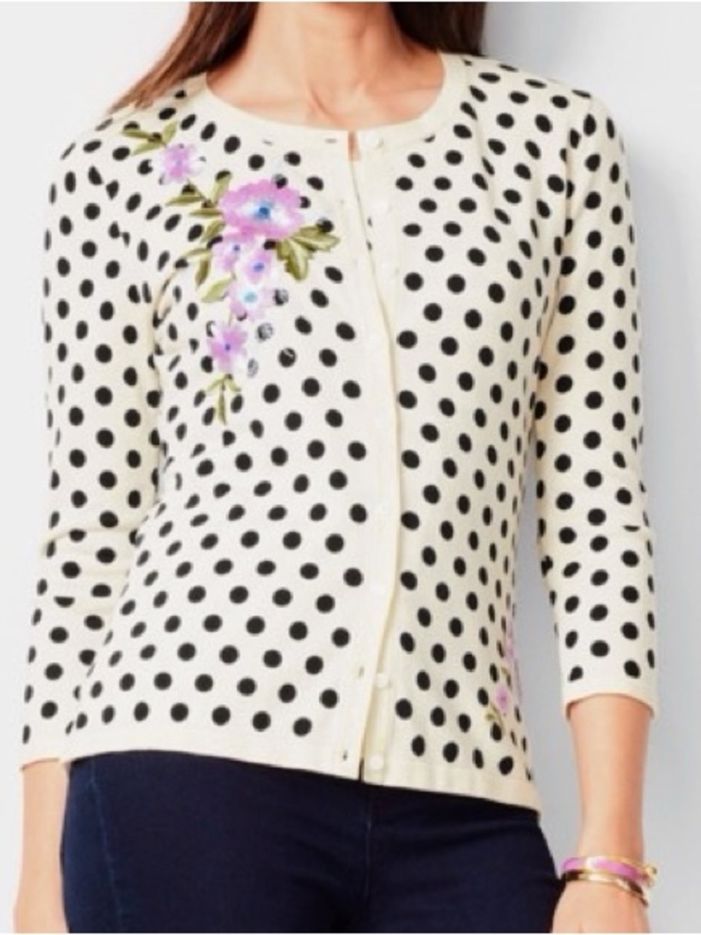 Talbots Set -2pc. Cardigan & Shell - Polka Dot w/ Purple Embroidery